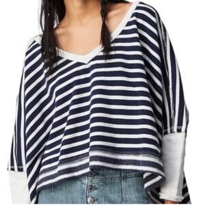 We The Free Oversized Striped Top Size S Navy White V-Neck Dolman Sleeves